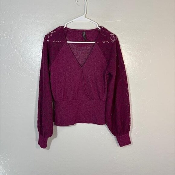 By Anthropologie Sweater Womens Small Purple Knit Lace Balloon Sleeve V Neck - Picture 1 of 7